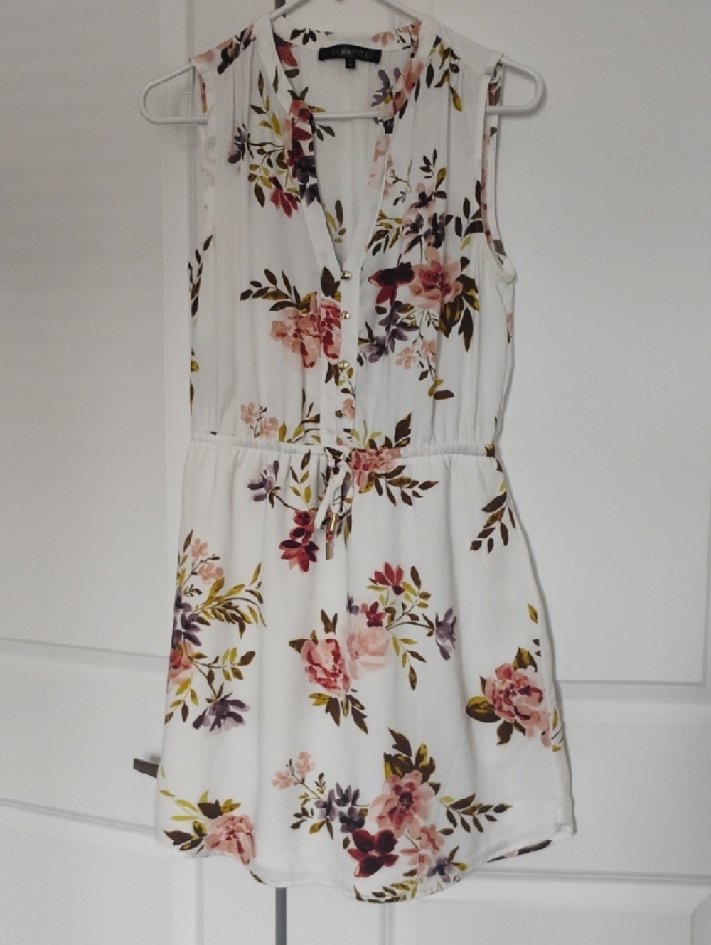 Dynamite White Sleeveless Floral Tie-Waist Mini Dress